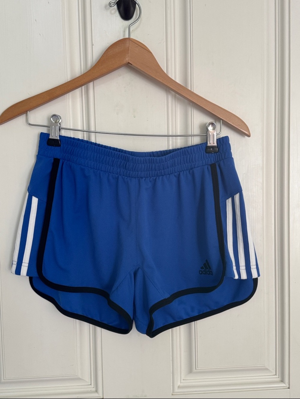 adidas Women's Royal Blue Athletic Shorts with Black Trim and White Stripes